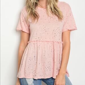 Pink Bubblegum Blush Distressed Babydoll Top Short Sleeve Flowy Peplum Size L